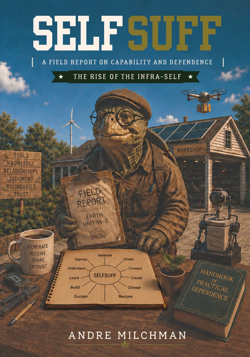 SelfSuff book cover featuring Professor Yourtle holding a field report in front of a solar-powered workshop